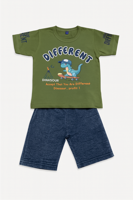 Boys Dinosaur Print Set – Green T-Shirt & Denim Shorts