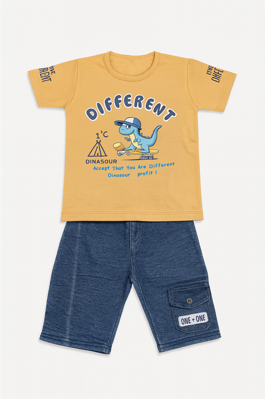Kids “Different Dinosaur” Yellow T-Shirt & Shorts Set