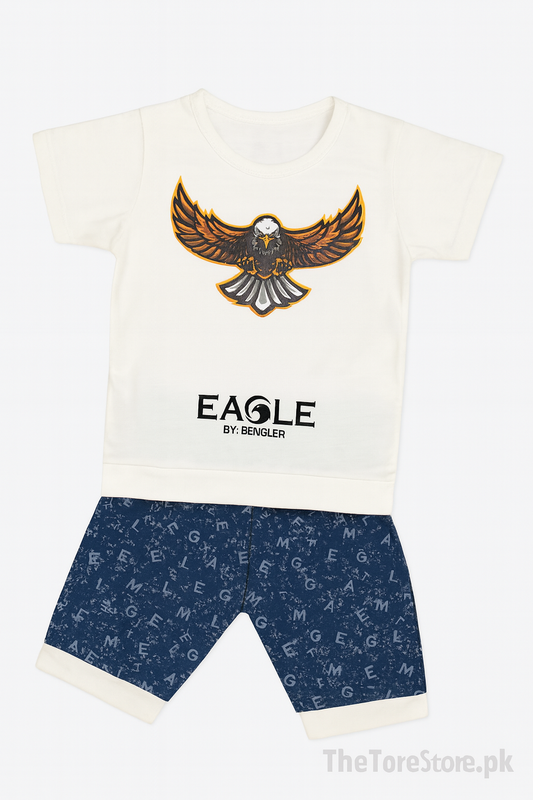 Boys Eagle Print Outfit – White & Blue