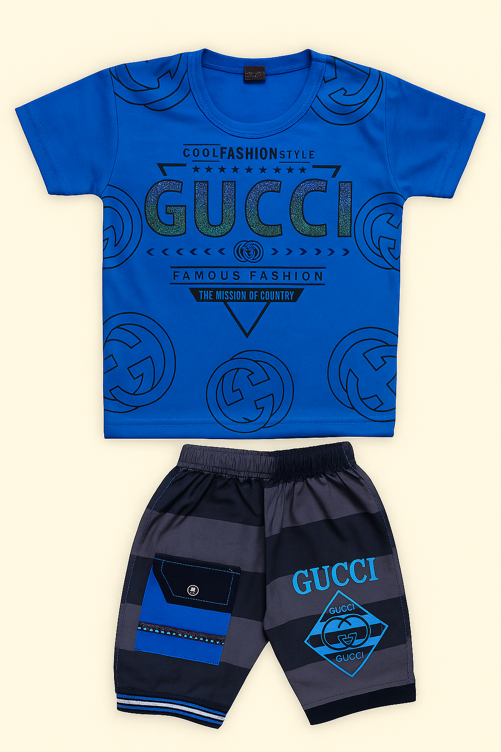 Gucci-Inspired Premium Boy’s Summer Set (Blue & Black)