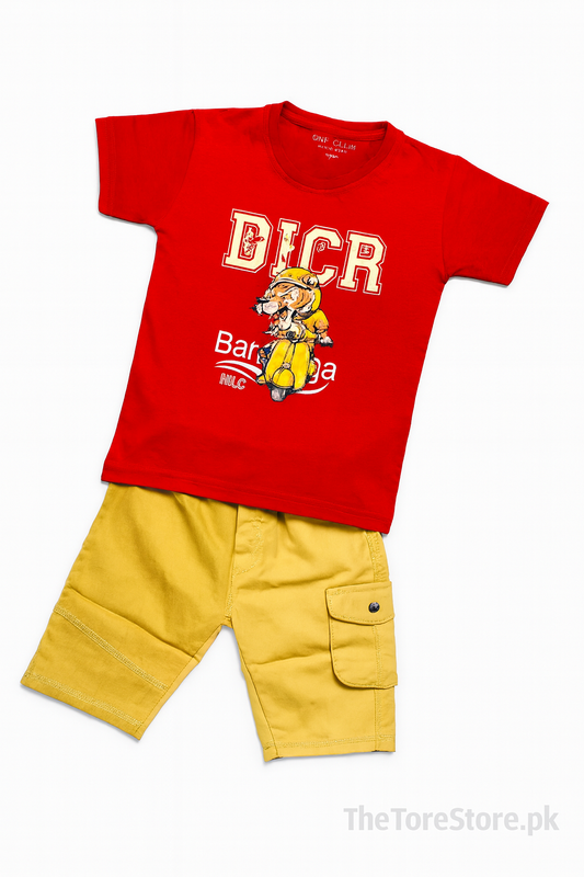 Kids “Moto Lion” Red T-Shirt & Yellow Shorts Set