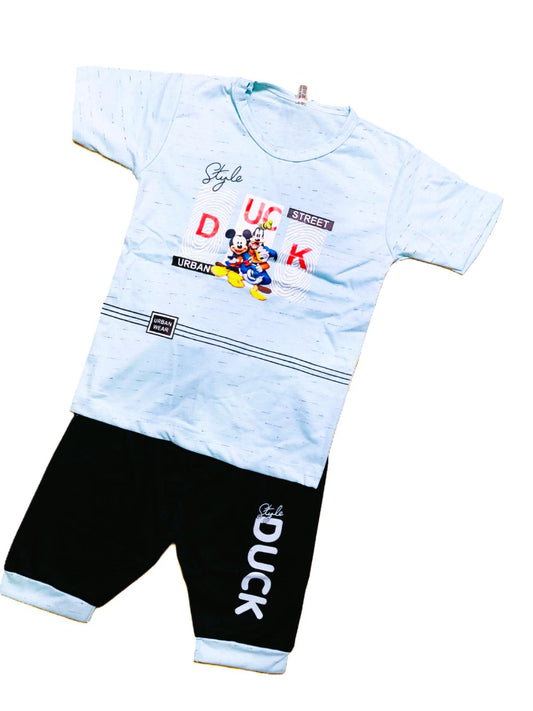 Boys Cartoon Duck Printed Set – Light Blue & Black Outfit