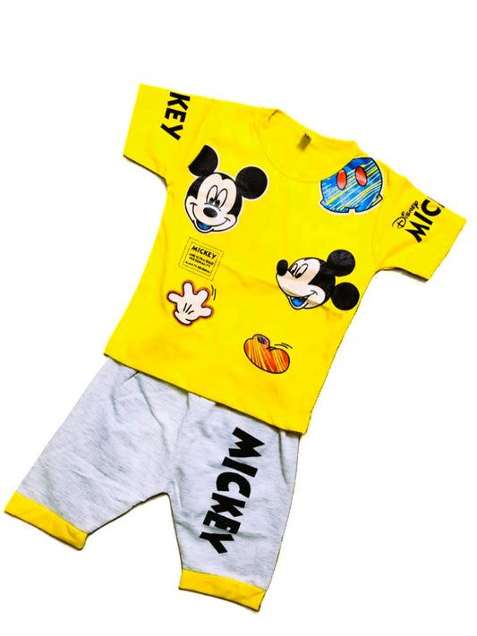 Kids Mickey Mouse Yellow T-Shirt & Grey Shorts Set