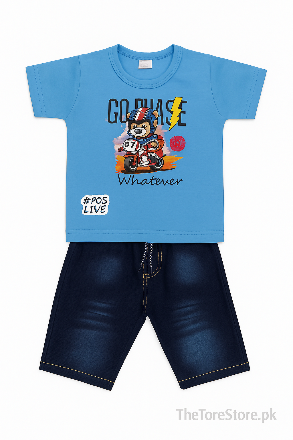 Kids “Moto Bear” Blue T-Shirt & Denim Shorts Set