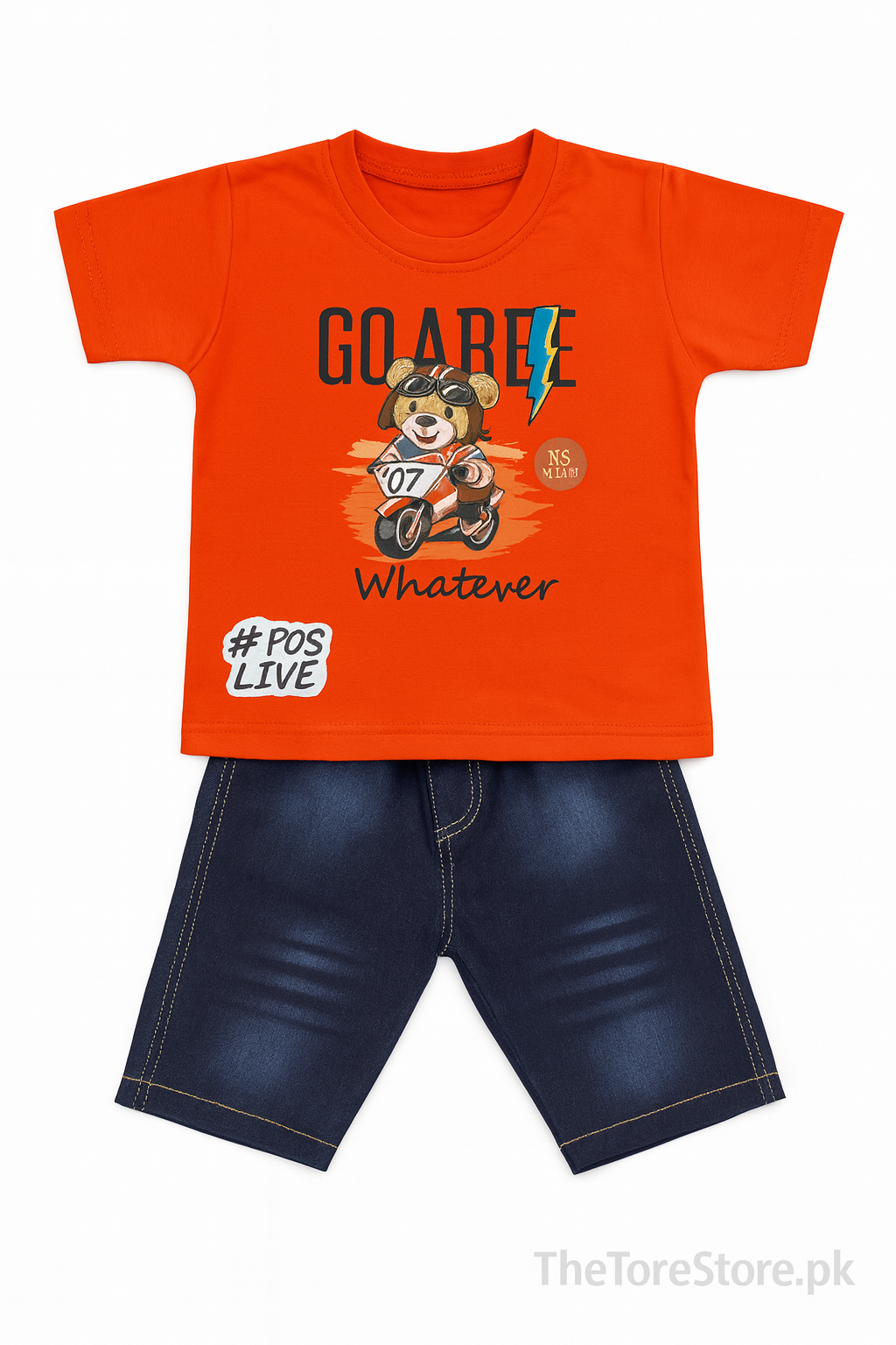 Kids “Moto Bear” Red T-Shirt & Denim Shorts Set