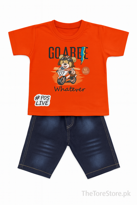Kids “Moto Bear” Red T-Shirt & Denim Shorts Set