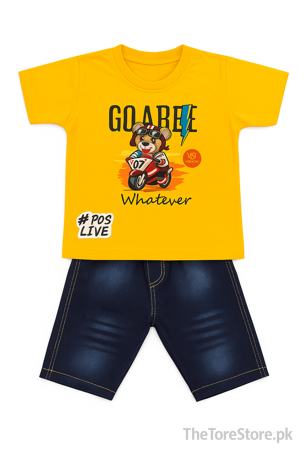 Kids “Moto Bear” Yellow T-Shirt & Denim Shorts Set