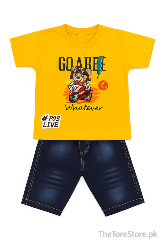 Kids “Moto Bear” Yellow T-Shirt & Denim Shorts Set